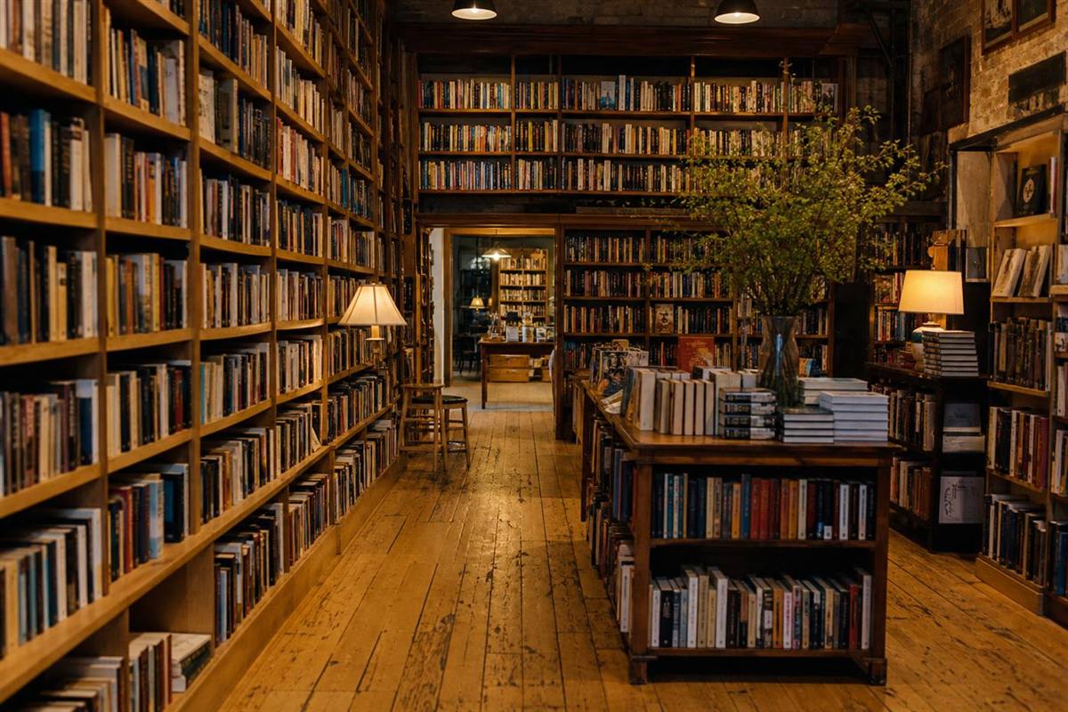Bookstore aisle with packed wooden shelves