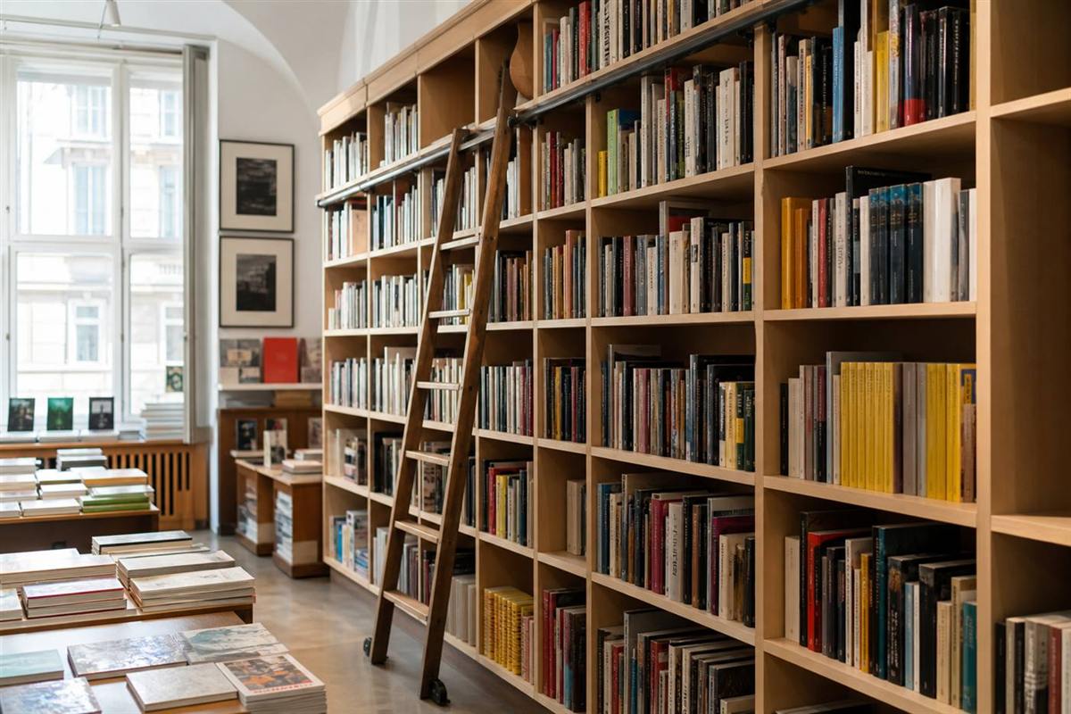 Floor-to-ceiling shelves with a rolling ladder