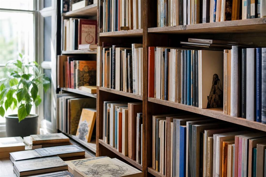 Close view of shelves with face-out art volumes